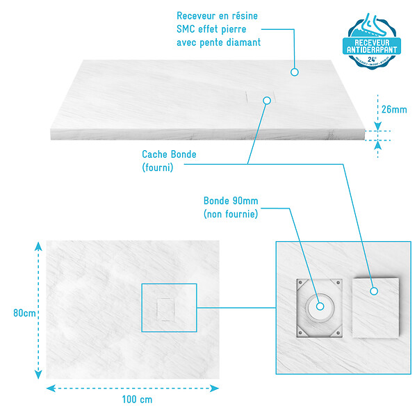 AURLANE - Receveur à poser en materiaux composite SMC - Finition ardoise blanc mat - 80x100 cm - ROCK 2 WHITE - large