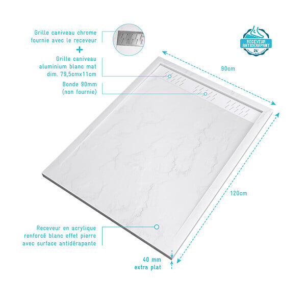 AURLANE - Receveur en acrylique Blanc Effet Pierre 90x120x4 cm + Grilles Linéaires Chrome et Blanche Mate - large