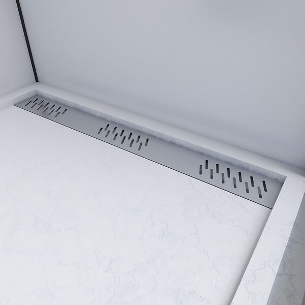 AURLANE - Receveur en acrylique Blanc Effet Pierre 90x120x4 cm - Grille Linéaire Chrome - MOON - large