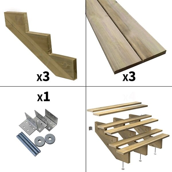 DECKLINEA - Escalier Bois Exterieur - 3 Marches - Largeur : 1m20 - Hauteur : 51cm - Sans Contremarches - Pin du Nord - Traité Autoclave - large