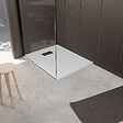 AURLANE - Receveur de douche Blanc Effet Pierre 80x100 cm et Grille décor Linéaire Noire Mate - vignette