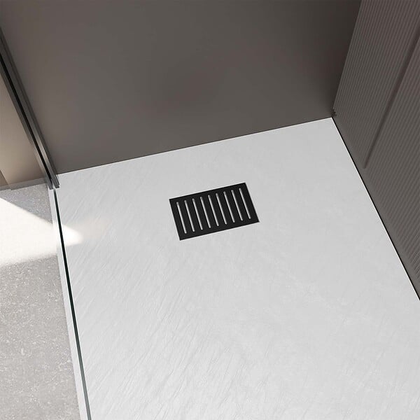AURLANE - Receveur de douche Blanc Effet Pierre 80x100 cm et Grille décor Linéaire Noire Mate - large