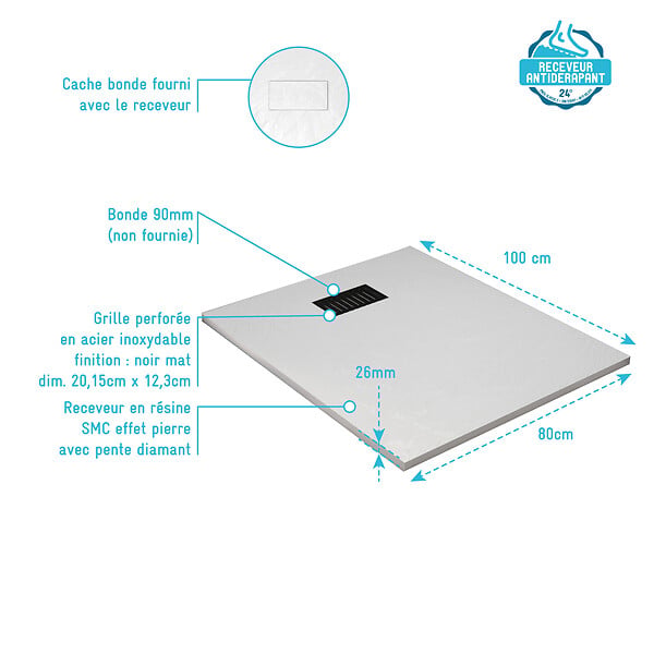 AURLANE - Receveur de douche Blanc Effet Pierre 80x100 cm et Grille décor Linéaire Noire Mate - large