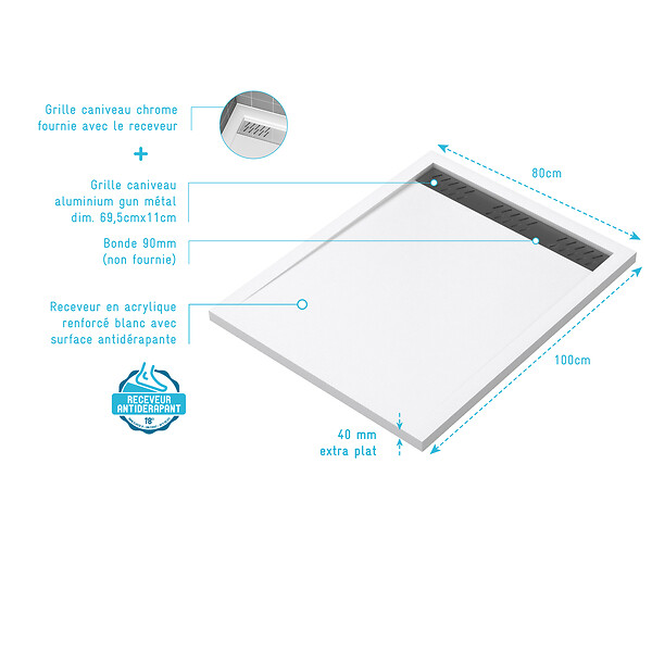 AURLANE - Receveur en acrylique Blanc 80x100x4 cm + Grilles Linéaires Chrome et Gun Metal - WHITENESS II - large
