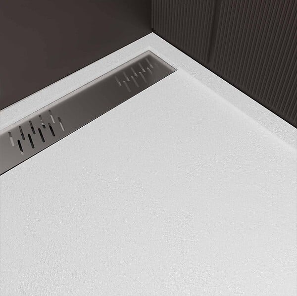 AURLANE - Receveur de douche en résine blanc 90x140x3 cm effet pierre granit + grille linéaire Chrome - large