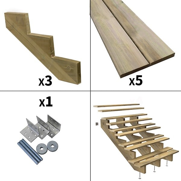 DECKLINEA - Escalier Bois Exterieur - 3 Marches - Largeur : 1m20 - Hauteur : 85cm - Sans Contremarches - Pin du Nord - Traité Autoclave - large
