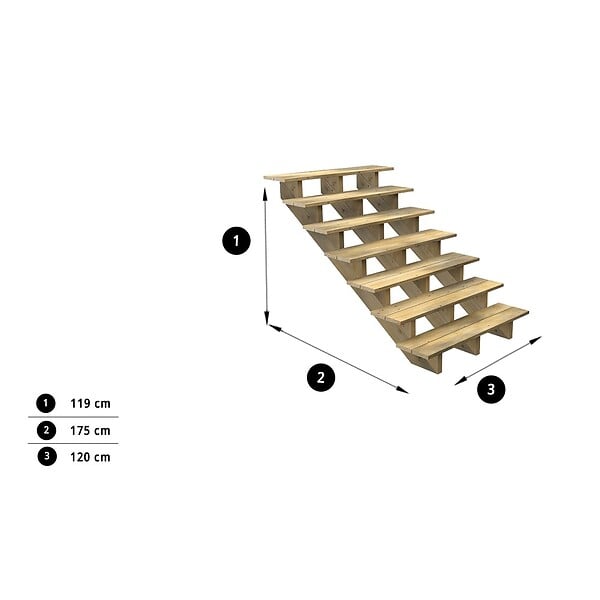 DECKLINEA - Escalier Bois Exterieur - 7 Marches - Largeur : 1m20 - Hauteur : 1m19 - Sans Contremarches - Pin du Nord - Traité Autoclave - large