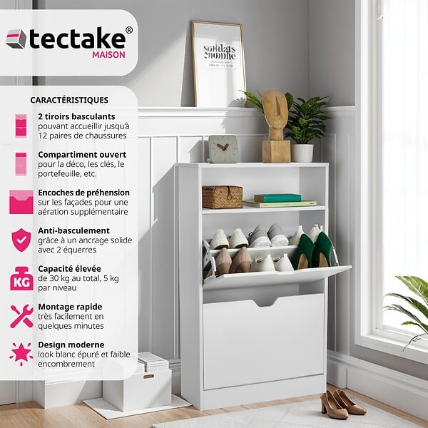 TECTAKE - Meuble à chaussures Calea avec 2 compartiments basculants pour 12 paires de chaussures blanc - large