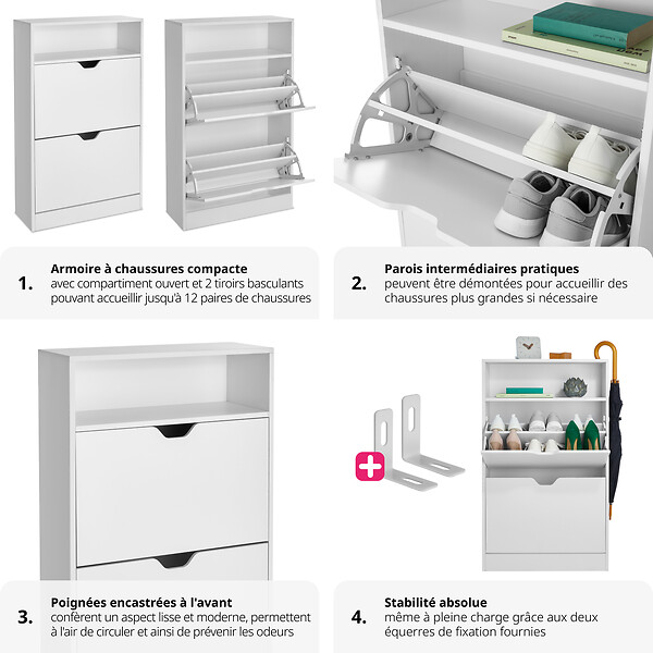 TECTAKE - Meuble à chaussures Calea avec 2 compartiments basculants pour 12 paires de chaussures blanc - large