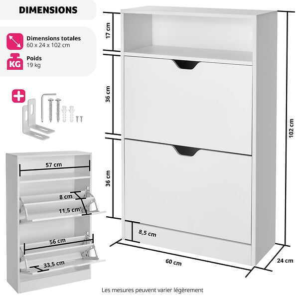 TECTAKE - Meuble à chaussures Calea avec 2 compartiments basculants pour 12 paires de chaussures blanc - large