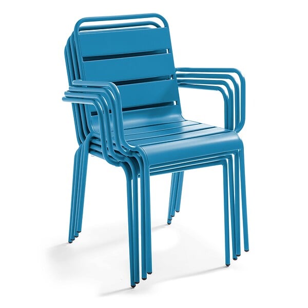 OVIALA - Ensemble table de jardin 120 cm et 4 fauteuils en métal bleu pacific - Palavas - large