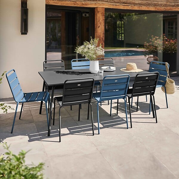 OVIALA - Ensemble table de jardin et 8 chaises en métal gris et bleu pacific - Palavas - large