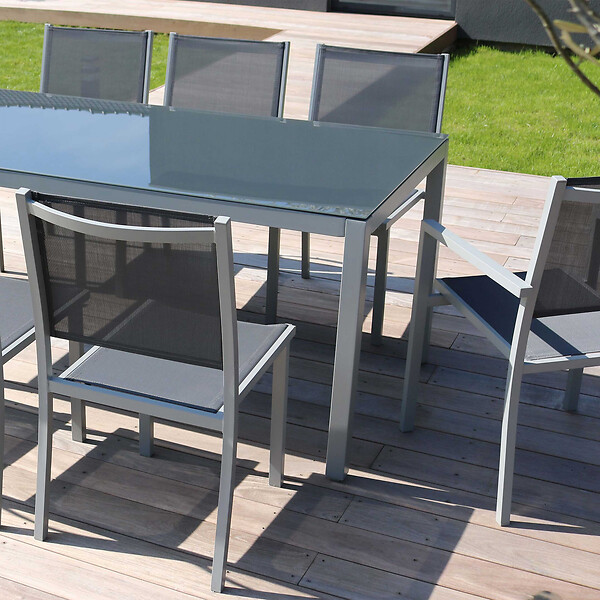 OVIALA - Lot de 2 chaises de jardin en aluminium et textilène gris - Ajaccio - large