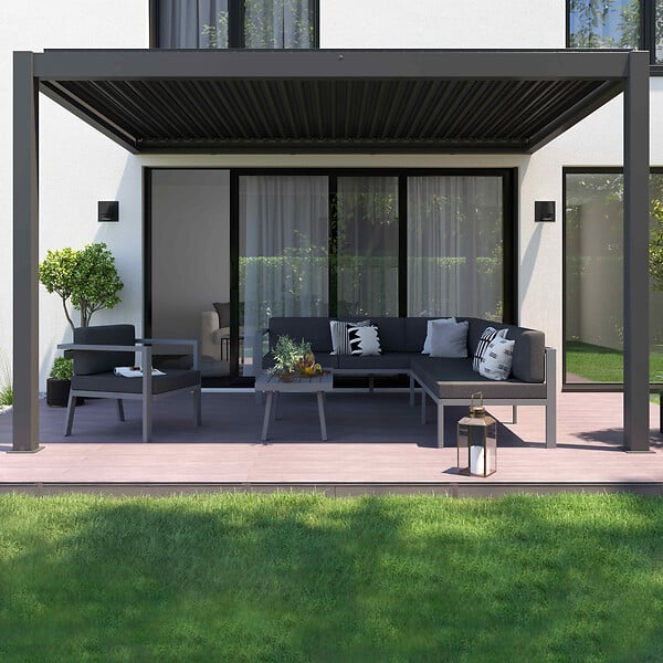 OVIALA - Pergola bioclimatique adossée et motorisée éclairée 3x4m et 3 stores - Thebes - large