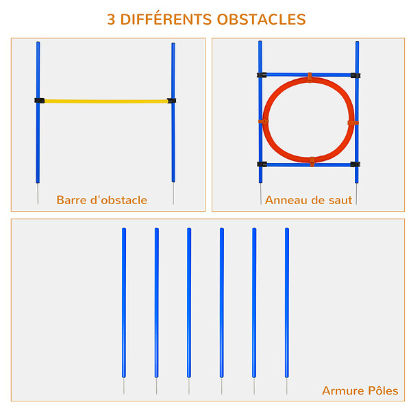 PAWHUT - Agility sport pour chiens équipement complet : 6 poteaux slalom, obstacle, anneau + sac de transport bleu jaune rouge - large