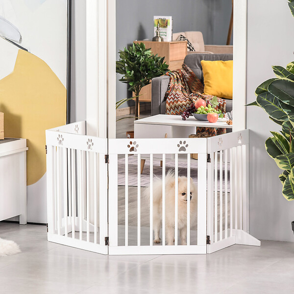 PAWHUT - Barrière de sécurité pour animaux - barrière modulable pliable 4 panneaux - motif patte - 2 pieds support - bois de pin blanc - large