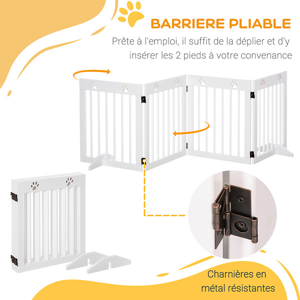PAWHUT - Barrière de sécurité pour animaux - barrière modulable pliable 4 panneaux - motif patte - 2 pieds support - bois de pin blanc - large