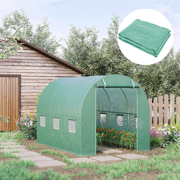 OUTSUNNY - Bâche de rechange serre tunnel 6 m², bâche dim. 3L x 2l x 2H m PE anti-UV imperméable 6 fenêtres + porte enroulable zippée vert - large
