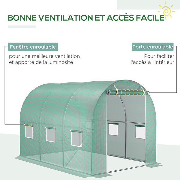 OUTSUNNY - Bâche de rechange serre tunnel 6 m², bâche dim. 3L x 2l x 2H m PE anti-UV imperméable 6 fenêtres + porte enroulable zippée vert - large