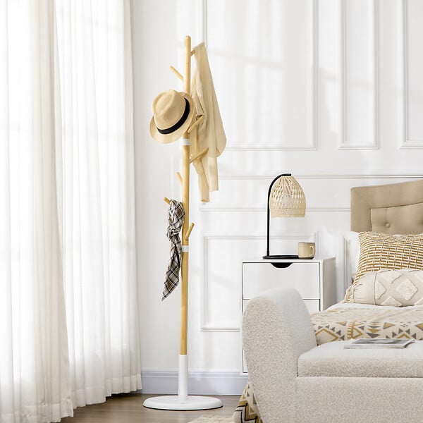 HOMCOM - Porte-manteau design scandinave branches 8 patères Ø 37,8 x 175,6H cm piètement métal blanc bois bambou verni - large