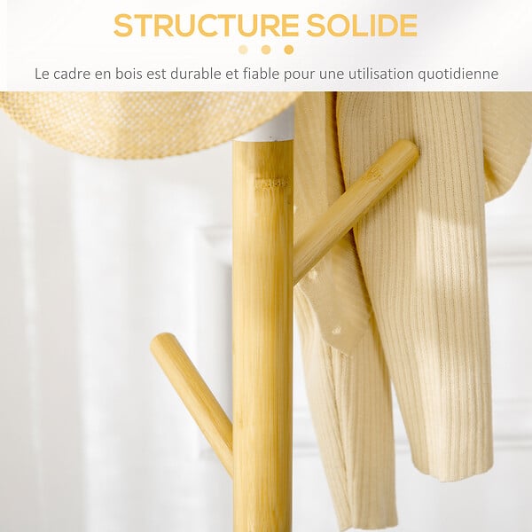 HOMCOM - Porte-manteau design scandinave branches 8 patères Ø 37,8 x 175,6H cm piètement métal blanc bois bambou verni - large