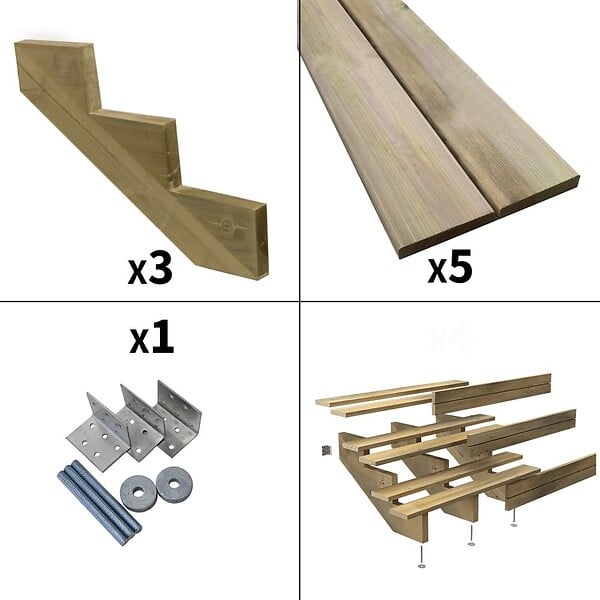 DECKLINEA - Escalier Bois Exterieur - 3 Marches Pleines - Largeur : 1m20 - Hauteur : 51cm - Avec Contremarches - Pin du Nord - Traité Autoclave - large