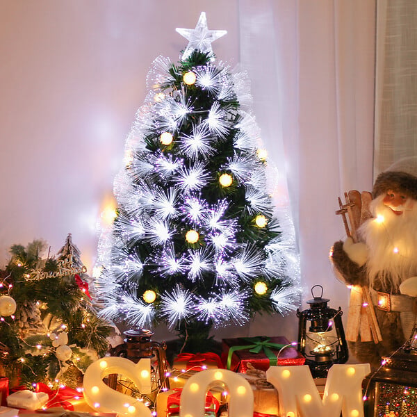 HOMCOM - Sapin de Noël artificiel lumineux fibre optique LED + 14 ampoules + support pied Ø 48 x 90H cm 90 branches étoile sommet brillante vert - large