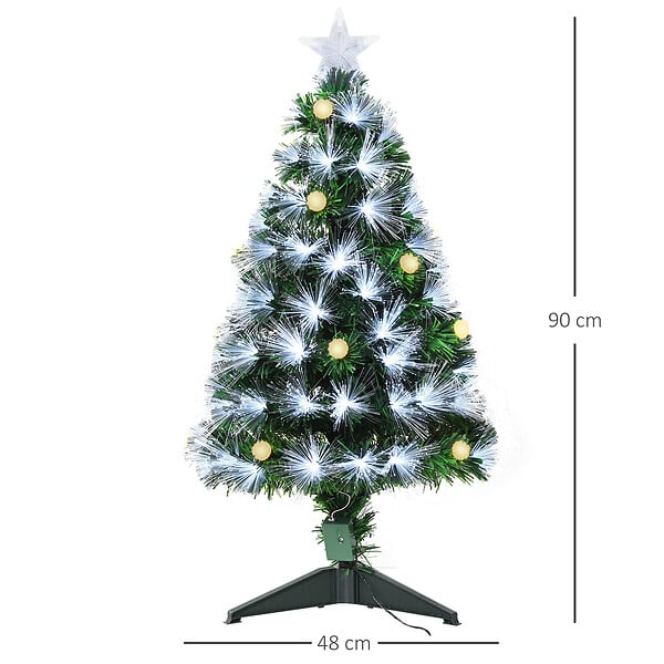 HOMCOM - Sapin de Noël artificiel lumineux fibre optique LED + 14 ampoules + support pied Ø 48 x 90H cm 90 branches étoile sommet brillante vert - large