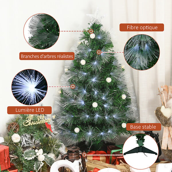 HOMCOM - Sapin de Noël artificiel lumineux fibre optique LED + 14 ampoules + support pied Ø 48 x 90H cm 90 branches étoile sommet brillante vert - large