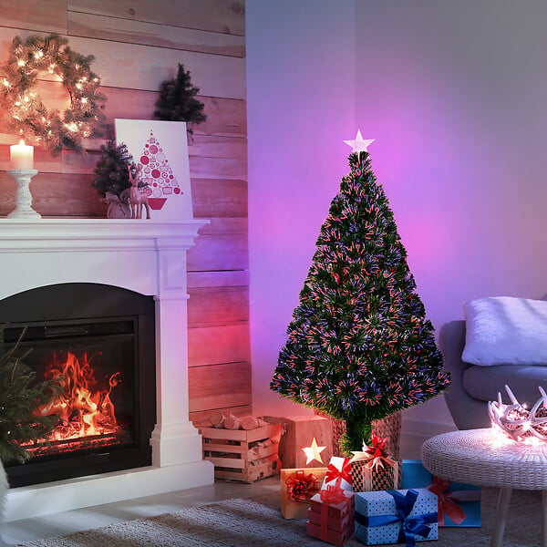 HOMCOM - Sapin de Noël artificiel lumineux fibre optique multicolore + support pied Ø 60 x 120H cm 130 branches étoile sommet brillante vert - large