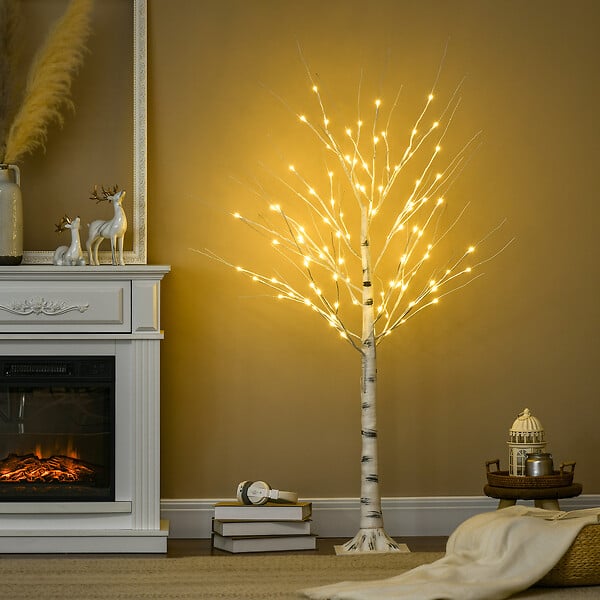 HOMCOM - Arbre lumineux LED bouleau - décoration lumineuse - 96 LEDS blanc chaud - norme IP 44 - usage intérieur/extérieur - 1,5H m - métal PP blanc - large