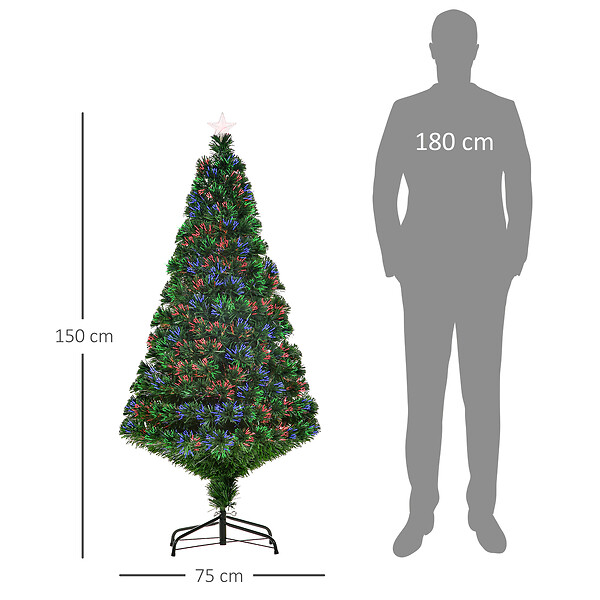 HOMCOM - Sapin de Noël artificiel lumineux fibre optique multicolore + support pied Ø 75 x 150H cm 180 branches étoile sommet brillante vert - large