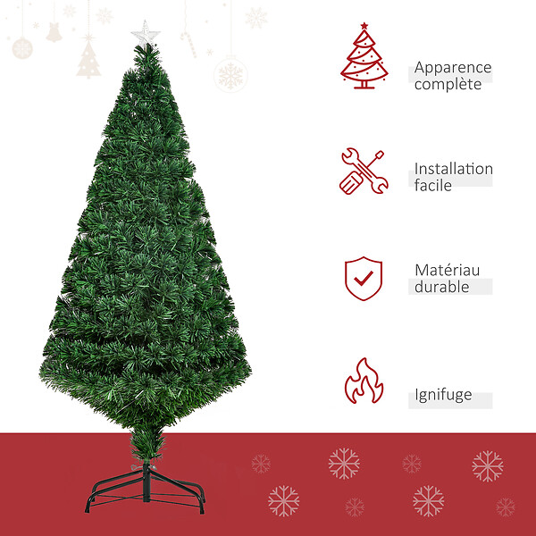 HOMCOM - Sapin de Noël artificiel lumineux fibre optique multicolore + support pied Ø 75 x 150H cm 180 branches étoile sommet brillante vert - large