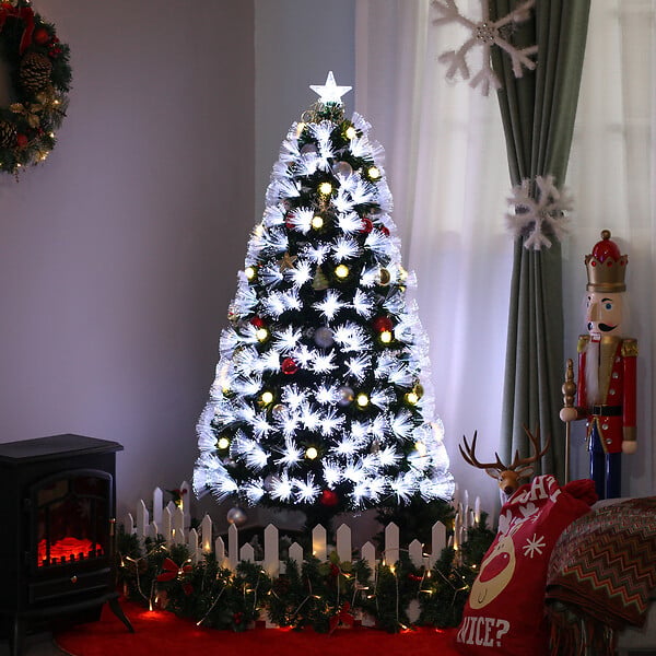 HOMCOM - Sapin de Noël artificiel lumineux fibre optique LED + 20 ampoules + support pied Ø 63 x 120H cm 130 branches étoile sommet brillante vert - large