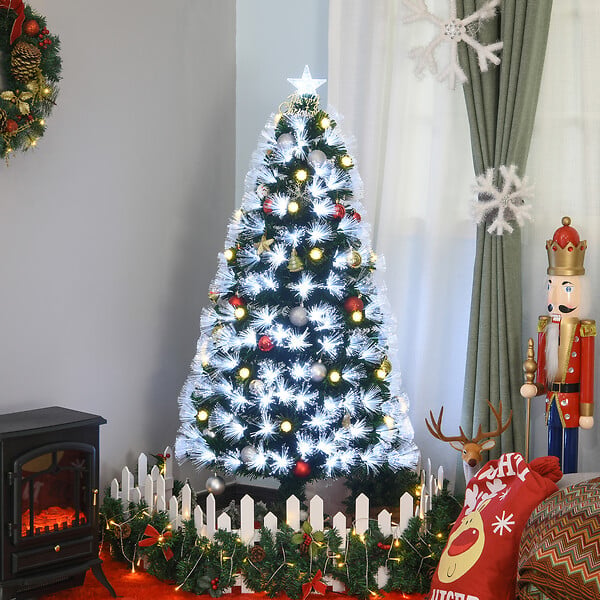 HOMCOM - Sapin de Noël artificiel lumineux fibre optique LED + 20 ampoules + support pied Ø 63 x 120H cm 130 branches étoile sommet brillante vert - large