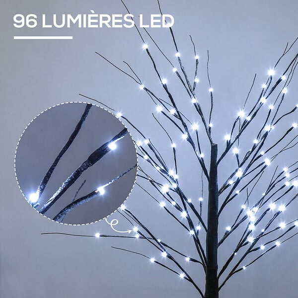 HOMCOM - Arbre lumineux LED aspect enneigé - décoration lumineuse - 96 LEDS blanc froid - norme IP 44 - usage intérieur/extérieur - 1,5H m - métal PP brun - large