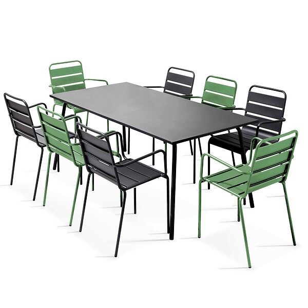 OVIALA - Ensemble table de jardin et 8 fauteuils en métal vert cactus et gris - Palavas - large