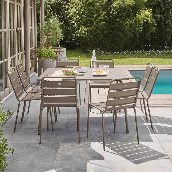 OVIALA - Ensemble table de jardin et 8 chaises en métal taupe - Palavas - large