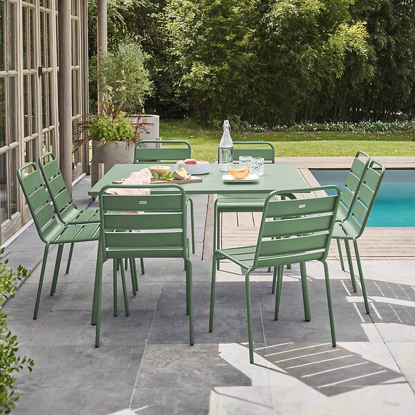 OVIALA - Ensemble table de jardin et 8 chaises en métal vert sauge - Palavas - large