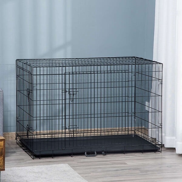 PAWHUT - Cage de transport pour chien pliable - 2 portes verrouillables - plateau amovible - dim. 121L x 77l x 82H cm - acier ABS noir - large