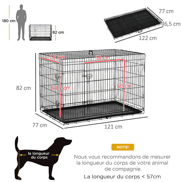 PAWHUT - Cage de transport pour chien pliable - 2 portes verrouillables - plateau amovible - dim. 121L x 77l x 82H cm - acier ABS noir - large