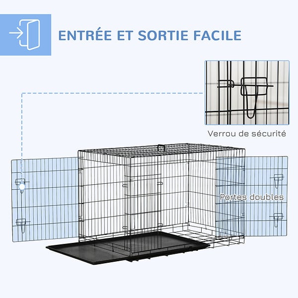 PAWHUT - Cage de transport pour chien pliable - 2 portes verrouillables - plateau amovible - dim. 121L x 77l x 82H cm - acier ABS noir - large