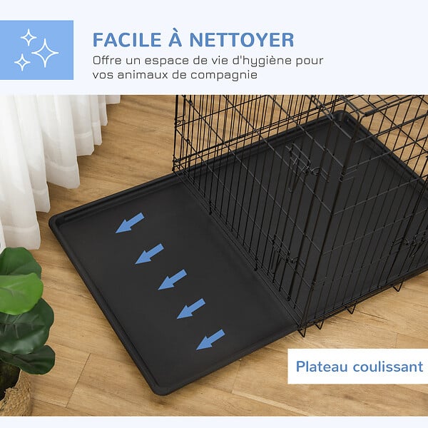 PAWHUT - Cage de transport pour chien pliable - 2 portes verrouillables - plateau amovible - dim. 121L x 77l x 82H cm - acier ABS noir - large