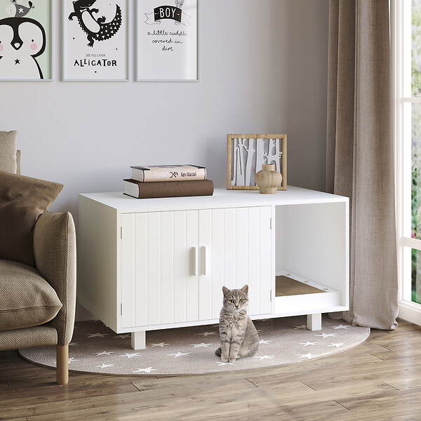PAWHUT - Maison de toilette pour chat - 2 portes, niche, grattoir amovible - MDF blanc - large