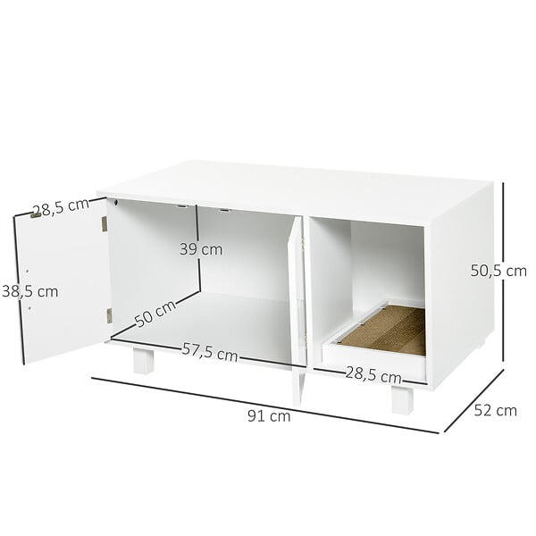 PAWHUT - Maison de toilette pour chat - 2 portes, niche, grattoir amovible - MDF blanc - large