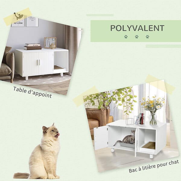 PAWHUT - Maison de toilette pour chat - 2 portes, niche, grattoir amovible - MDF blanc - large