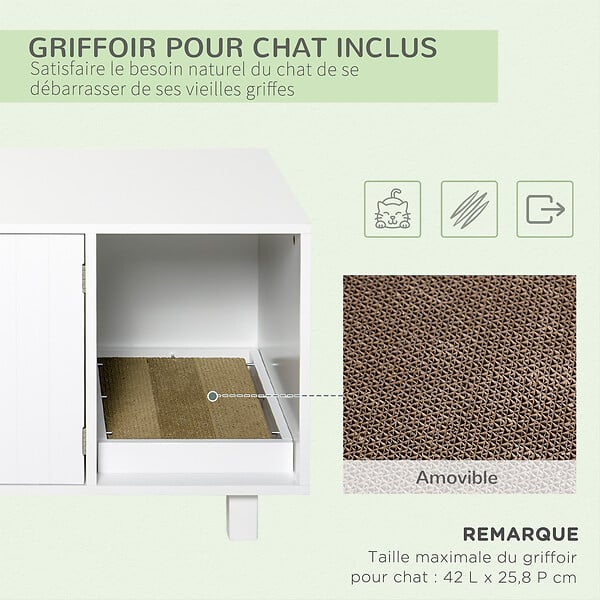PAWHUT - Maison de toilette pour chat - 2 portes, niche, grattoir amovible - MDF blanc - large