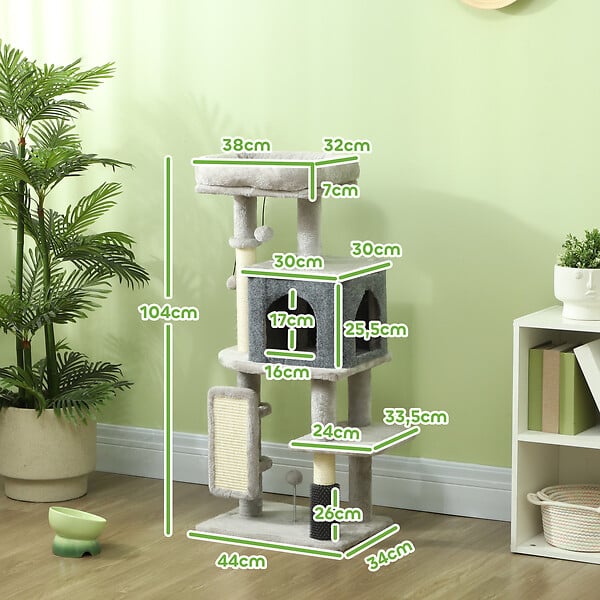 PAWHUT - Arbre à chat H.104 cm - griffoir, grattoir, bande massante, jeux boules, niche, plateforme observation - gris - large