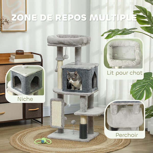 PAWHUT - Arbre à chat H.104 cm - griffoir, grattoir, bande massante, jeux boules, niche, plateforme observation - gris - large