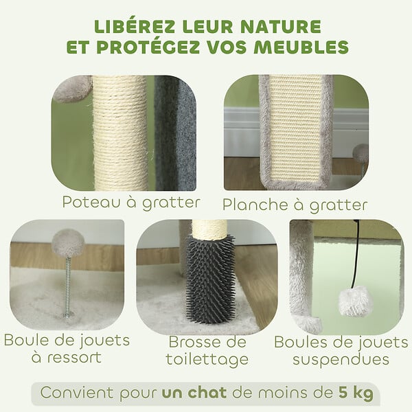 PAWHUT - Arbre à chat H.104 cm - griffoir, grattoir, bande massante, jeux boules, niche, plateforme observation - gris - large